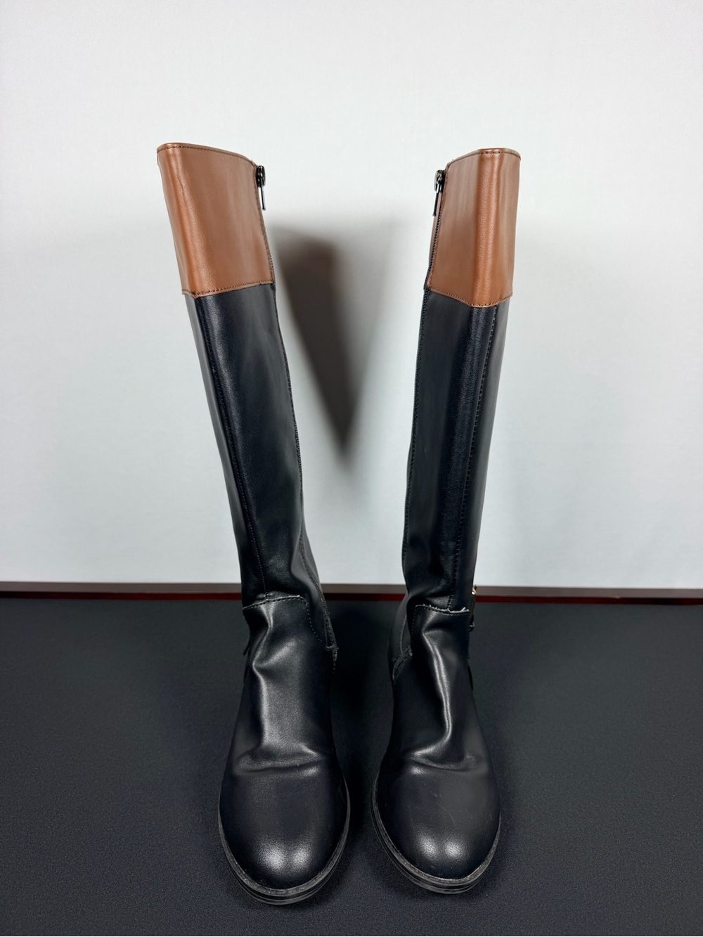 Karen Scott Two-Tone Black and Brown Knee-High Heeled Boots